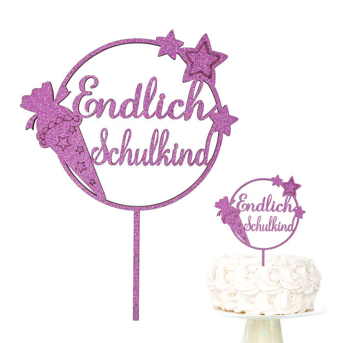 Endlich Schulkind Holz Torten Topper Glitzernd rosa für Schuleinführung Einschulung Schulanfang Kuchendeckel