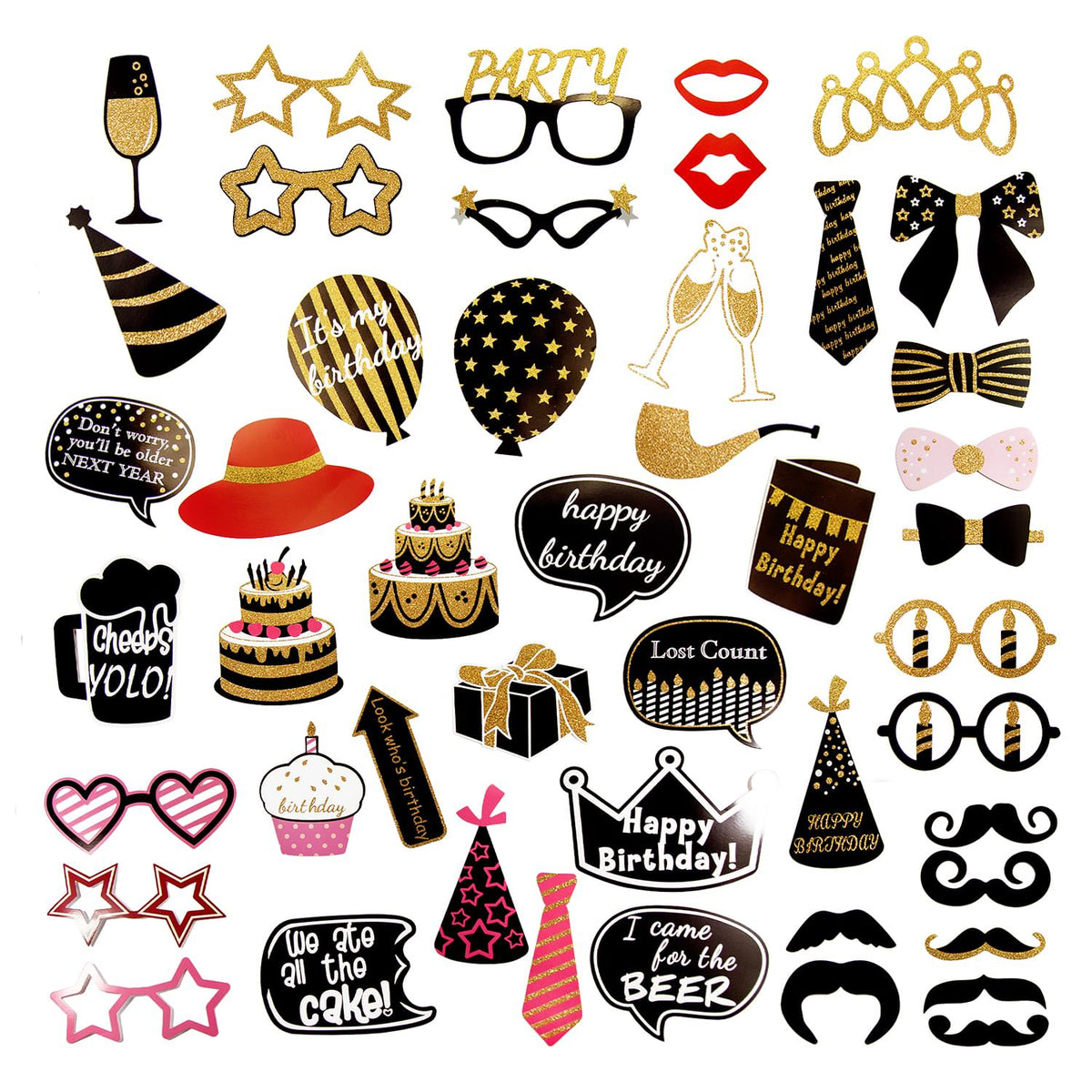 Foto-Props Set Für Geburtstagsparty – 47-teilig, Mit Brillen, Bärten, Torten & Ballons