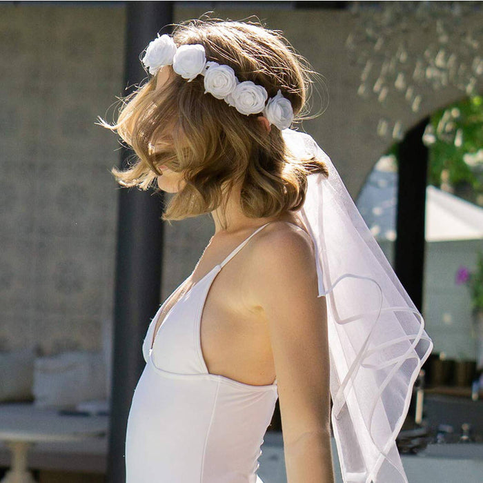 Brautschleier mit Rosenkranz für Hochzeit JGA Junggesellinnenabschied Braut Schleier weiß