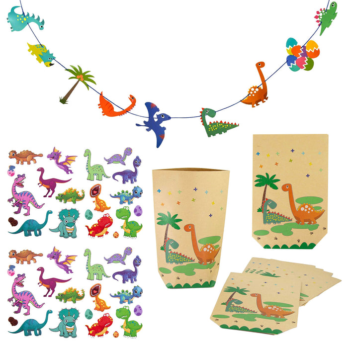 Dino Party Kinder Geburtstag Deko Set - Girlande + Temporäre Tattoos + Geschenktüten - für Jungs