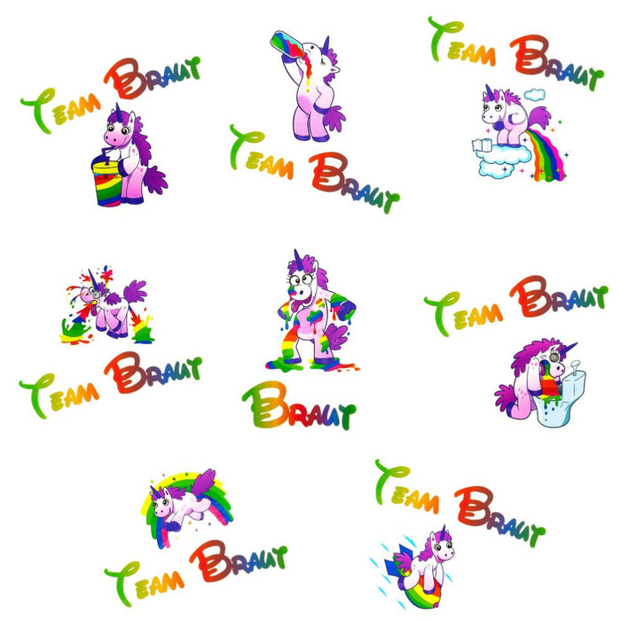 Braut Einhorn Tattoo Set Team Braut JGA Sticker lustige Einhörner