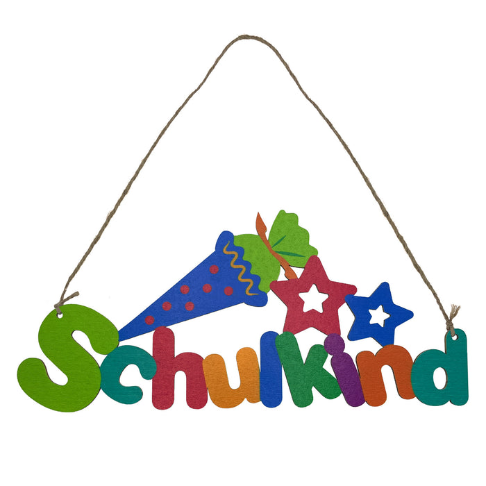 Schulkind Holz Schild als Tür Anhänger für Schuleinführung Einschulung Jungs und Mädchen Deko zum Aufhängen - bunt