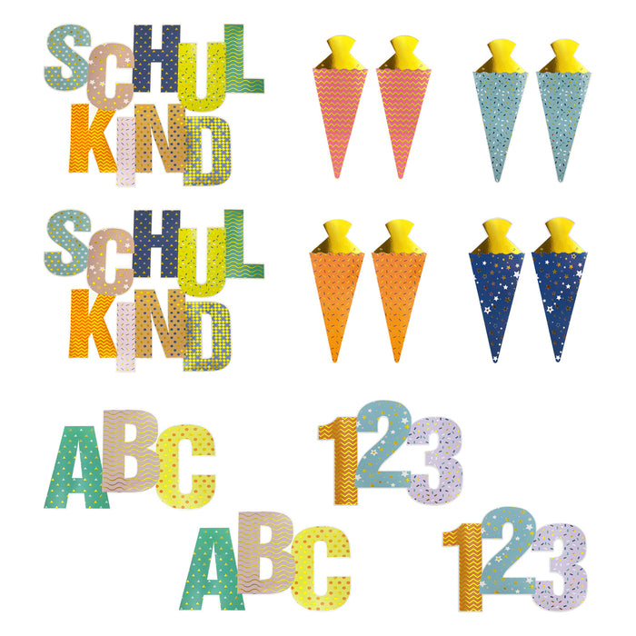 Schul Konfetti Set 14 Stk. metallisch glänzende Motive ABC 123 uvm. für Schuleinführung Einschulung Schulanfang