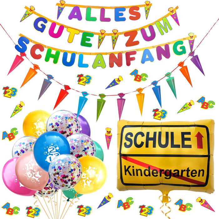 Schuleinführung Schulanfang Einschulung Deko Set - 2 Girlanden + Luftballons + Konfetti Set