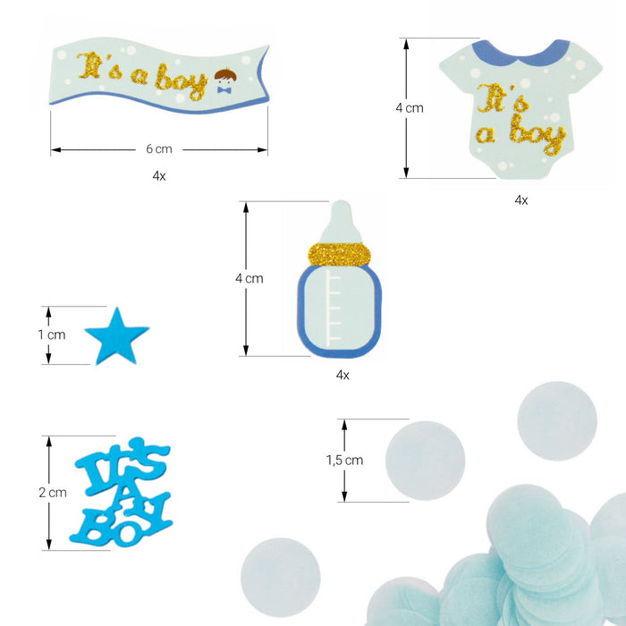 Baby Shower Party Konfetti Deko Set für Jungs - Fläschchen Banner Body + “It's A Boy” + rundes Konfetti