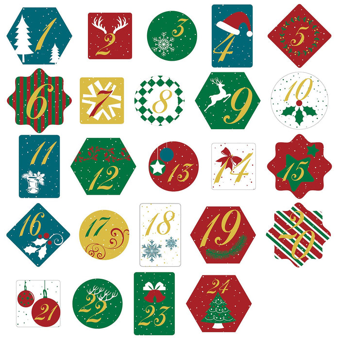 24 Adventskalender Sticker Zahlen Aufkleber Weihnachten Basteln Weihnachtsdeko - bunt