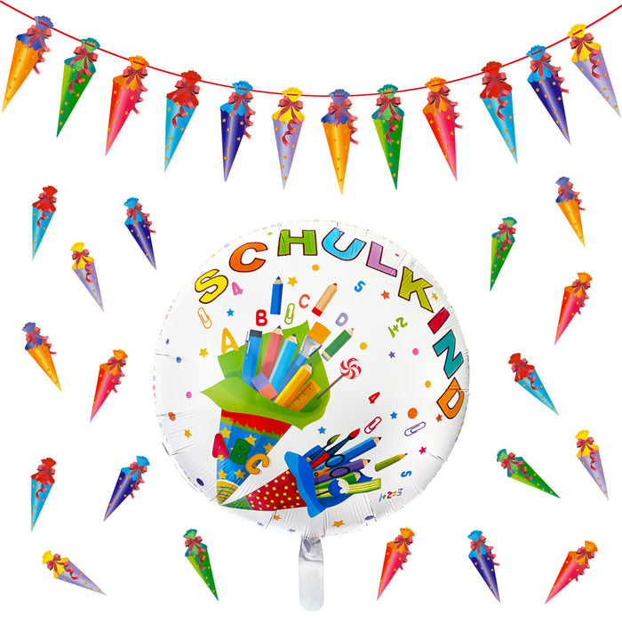 Schuleinführung Schulanfang Einschulung Deko Set - Ballon Schulkind + Zuckertüten Girlande + Konfetti Set