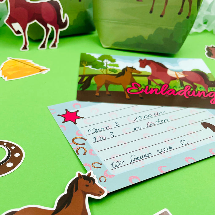 Pferde Deko Set - Geschenktüten + Einladungskarten + Konfetti Set für Kinder Geburtstag Motto Party