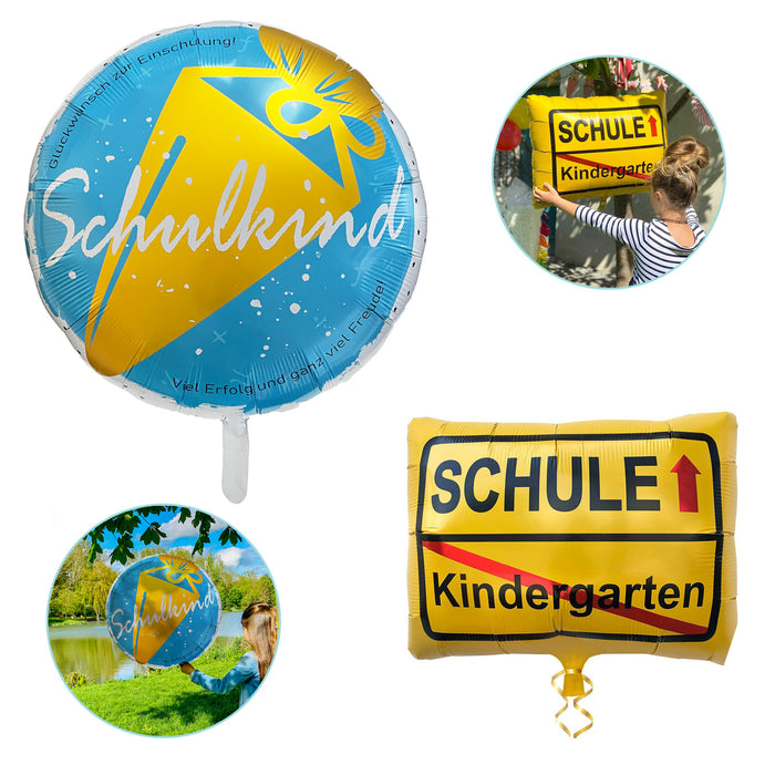 2er Set Folienballon Schulkind + Kindergarten/Schule Ortsschild Luftballon Hänge Deko für Schuleinführung Einschulung