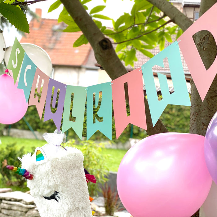Schuleinführung Schulanfang Einschulung Deko Set - Schulkind Folienballon + 2 Girlanden + Zuckertüten Konfetti + 20 Luftballons