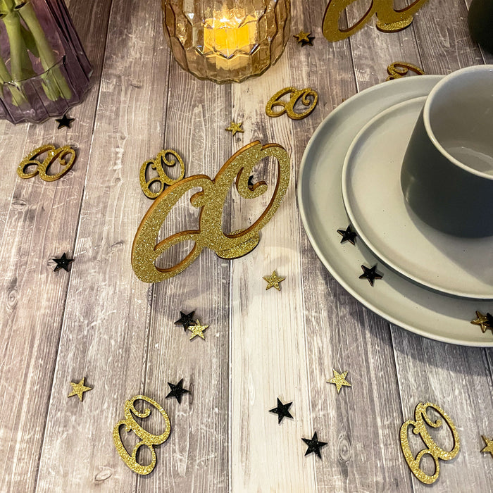 Konfetti Zahl 60 Geburtstag + Sterne aus Holz Streudeko Streuteile Deko 13g - gold schwarz