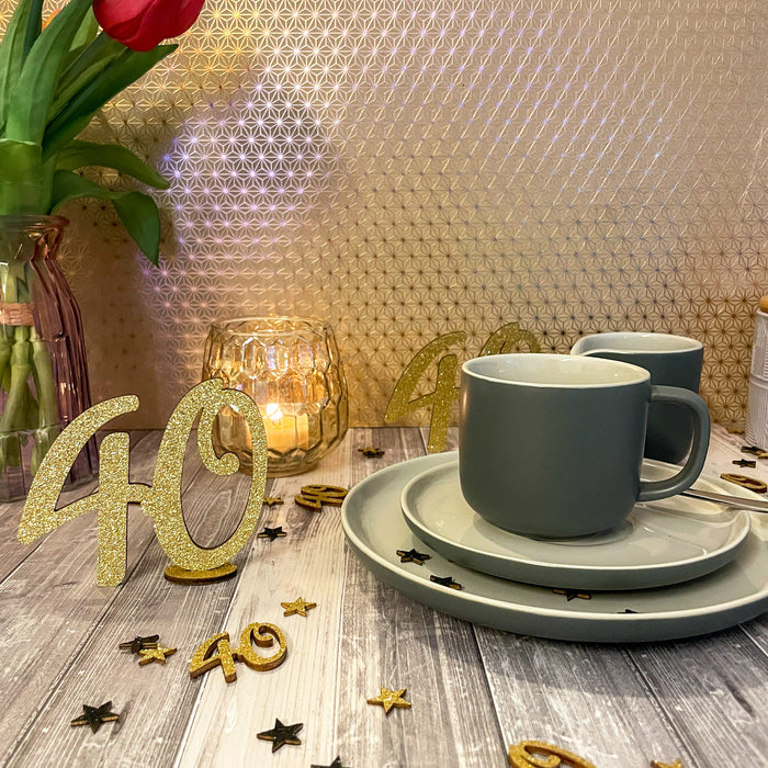Konfetti Zahl 40 Geburtstag + Sterne aus Holz Streudeko Streuteile Deko 13g - gold schwarz