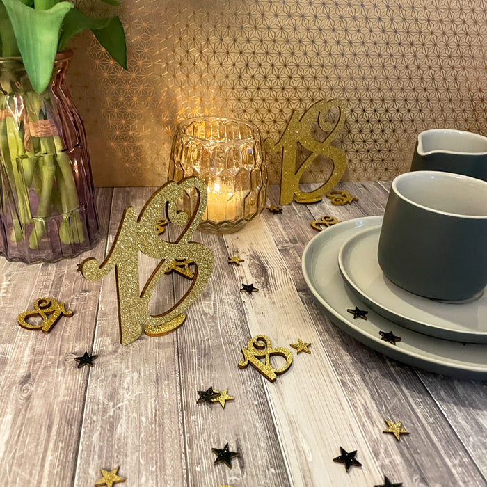 Konfetti Zahl 18 Geburtstag + Sterne aus Holz Streudeko Streuteile Deko 13g - gold schwarz
