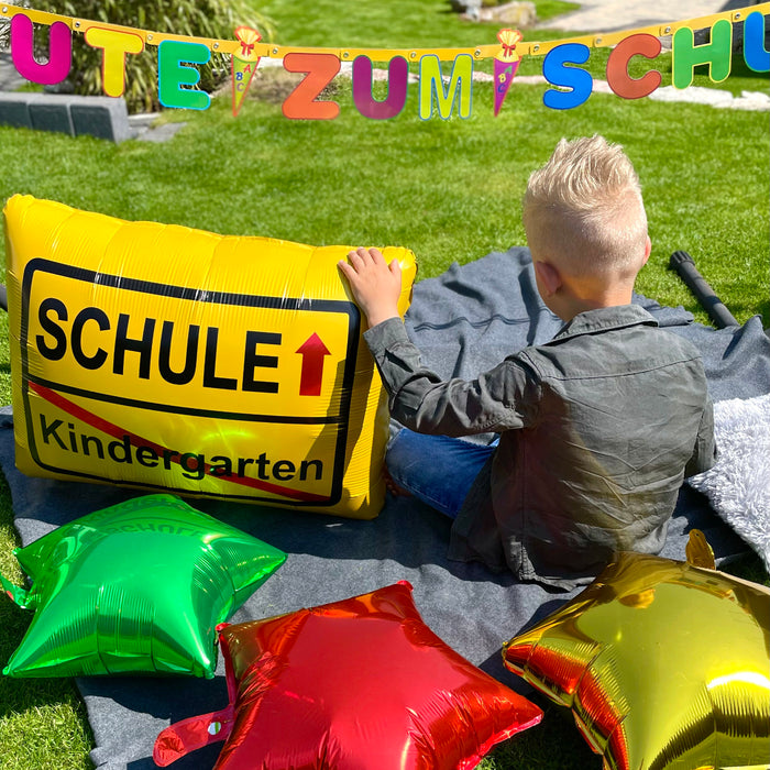 Schuleinführung Schulanfang Einschulung Deko Set - Alles Gute zum Schulanfang Girlande + Schule und Stern Luftballons