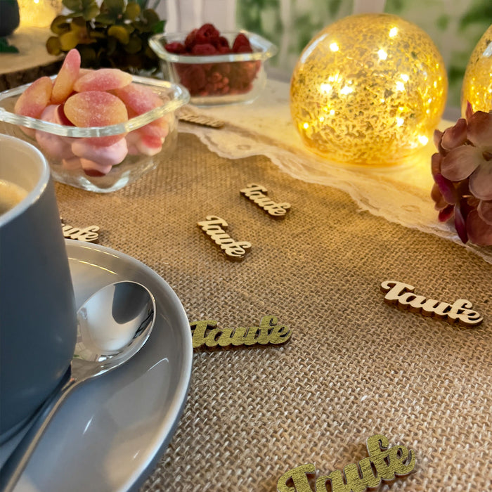 Holz Konfetti Set Taufe Schriftzug 18 Stk. Tischdeko für Taufe Traufe Hochzeit Deko Junge Mädchen Streudeko - gold