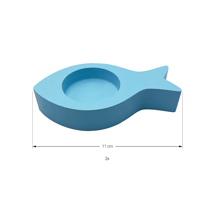 Fisch Teelichthalter 2er Set Kerzenhalter Fische aus Holz - Tisch Deko für Taufe Kommunion Konfirmation hellblau