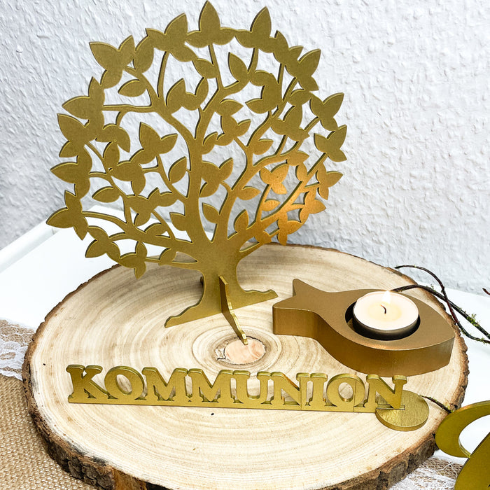 Lebensbaum Holz Baum des Lebens als Tischdeko für Taufe Kommunion Konfirmation Deko Junge Mädchen - gold