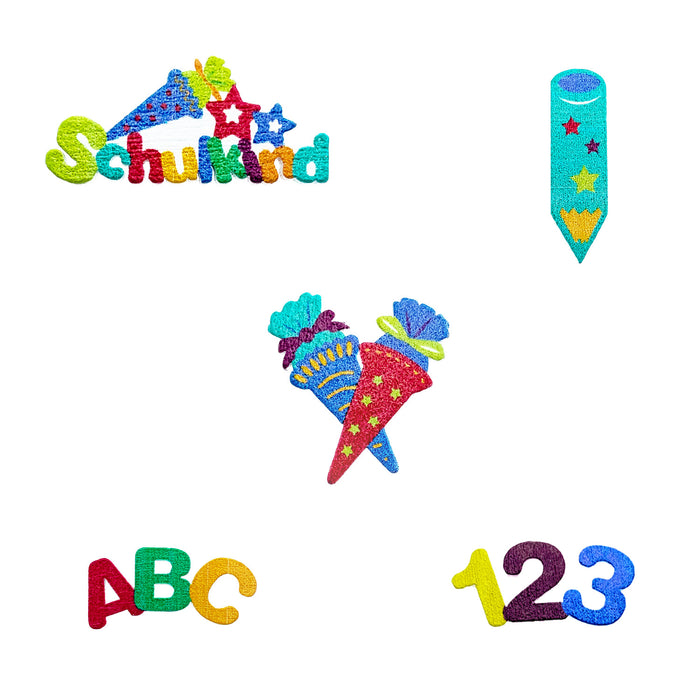 Schulkind Holz Konfetti Set mit 123 ABC Stift Zuckertüte Motiv für Schuleinführung Einschulung Tischdeko - bunt