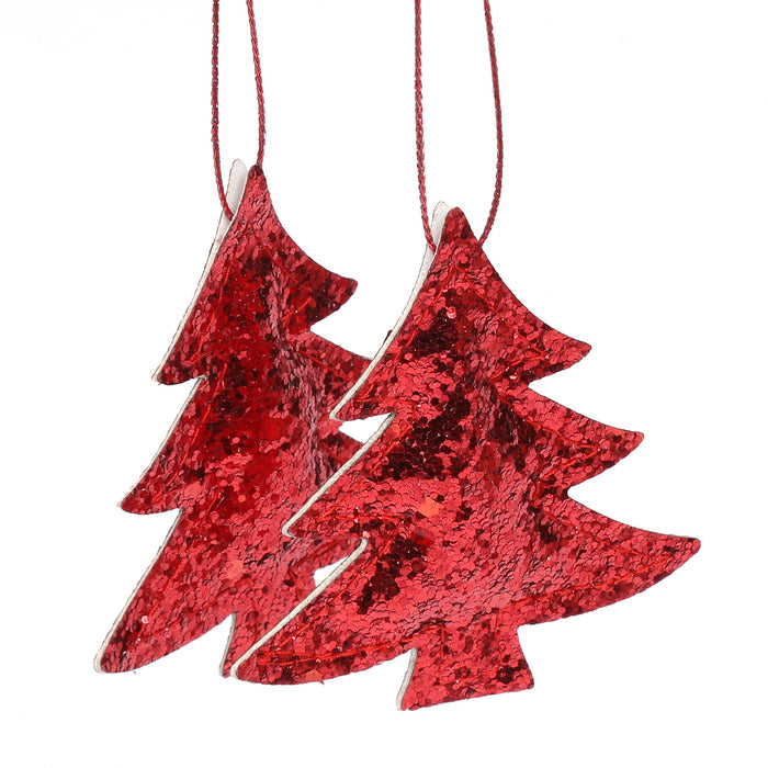 2er Set Tannenbaum Anhänger Weihnachten Glitzer Aufhänger Deko für Advent Weihnachtsdeko Baumschmuck - rot