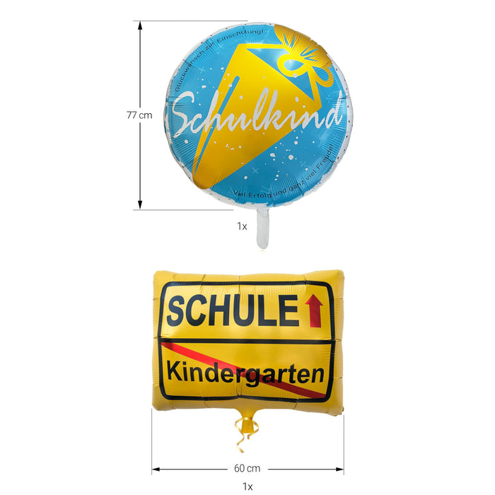 2er Set Folienballon Schulkind + Kindergarten/Schule Ortsschild Luftballon Hänge Deko für Schuleinführung Einschulung