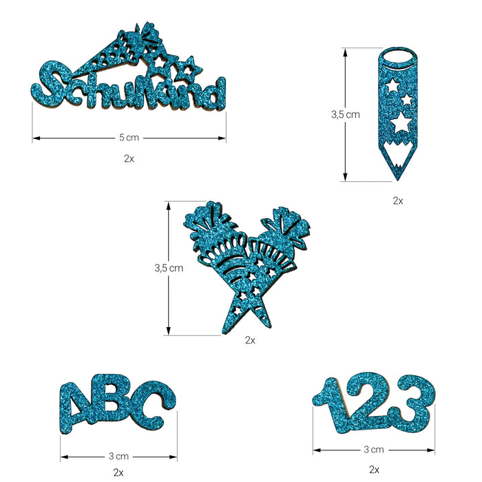 Schulkind Holz Konfetti Glitzernd mit 123 ABC Stift Zuckertüte Motiv für Schuleinführung Einschulung Tischdeko - türkis