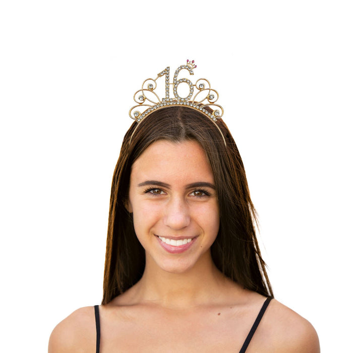 Haarreifen Zahl 16 mit Diamanten + Krone Haarreif 16. Geburtstag Mädchen Damen Frauen gold Metall