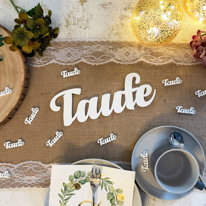 Holz Konfetti Set Taufe Schriftzug 18 Stk. Tischdeko für Taufe Traufe Hochzeit Deko Junge Mädchen Streudeko - weiß