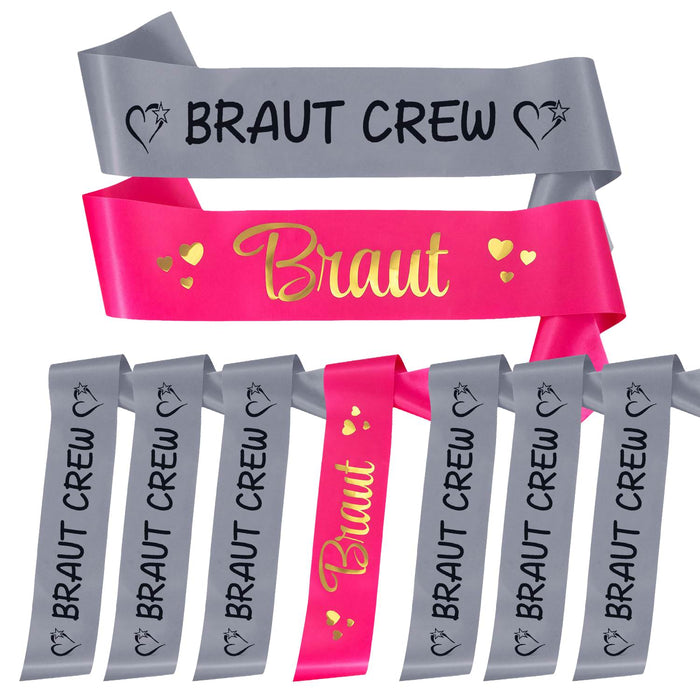 Schärpe Braut + Braut Crew Set JGA Hen Party Hochzeit Herzen pink grau