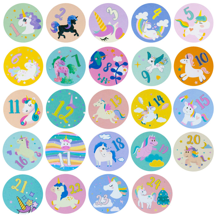 24 Adventskalender Sticker Zahlen Aufkleber mit Einhorn Motiven Weihnachten Basteln Weihnachtsdeko