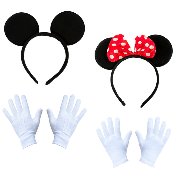 Damen + Herren Maus Mouse Kostüm Accessoire Set - 2x Maus Haarreifen + 2 Paar Handschuhe als Paar Partner Kostüm Fasching Karneval