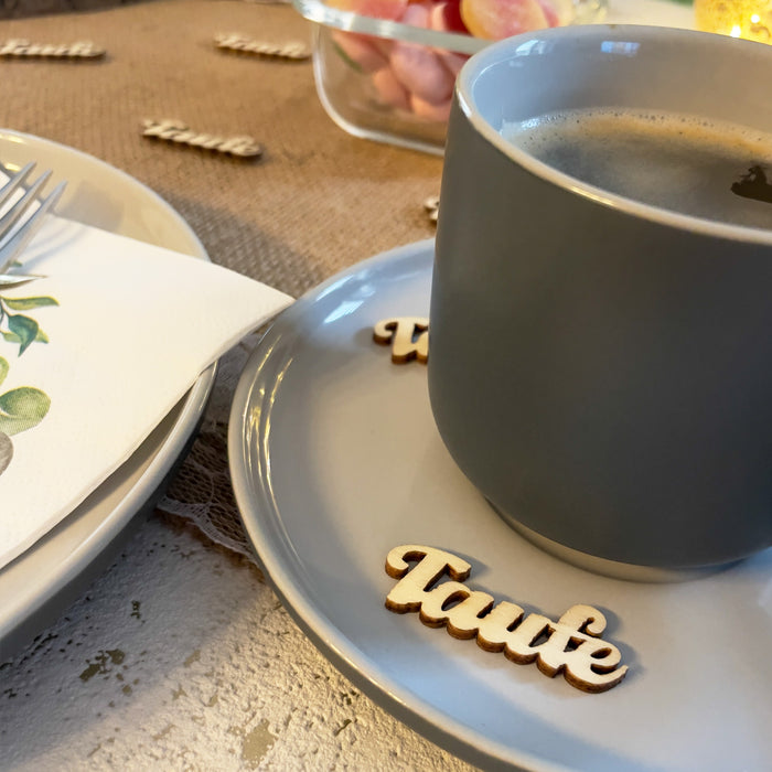 Holz Konfetti Set Taufe Schriftzug 18 Stk. Tischdeko für Taufe Traufe Hochzeit Deko Junge Mädchen Streudeko - natur