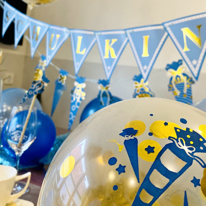 Konfetti Luftballon Set für Schuleinführung Schulanfang Deko Ballons blau gold