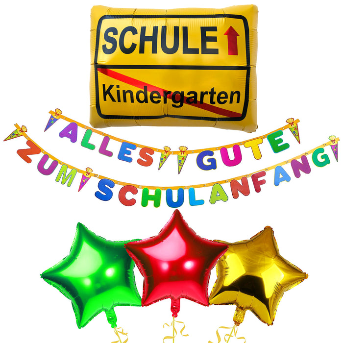 Schuleinführung Schulanfang Einschulung Deko Set - Alles Gute zum Schulanfang Girlande + Schule und Stern Luftballons