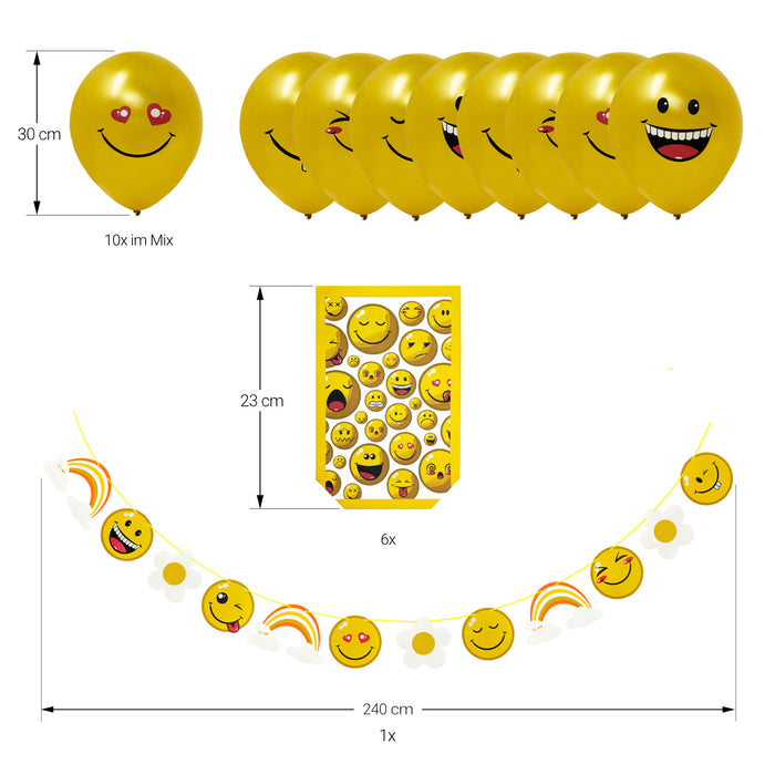 Smiley Deko Set - Girlande + 10x Ballons + 6x Papiertüten Deko für Kindergeburtstag Geburtstag Motto Party Deko