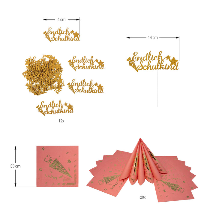 Schuleinführung Schulanfang Einschulung Deko Set - Endlich Schulkind Torten Topper + Konfetti + Servietten