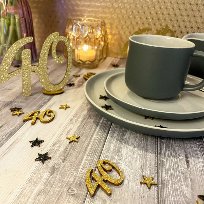 Konfetti Zahl 40 Geburtstag + Sterne aus Holz Streudeko Streuteile Deko 13g - gold schwarz