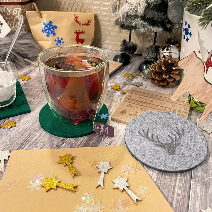 Filzuntersetzer Rentier Hirsch Rund 10 cm 4er Pack - Getränke Untersetzer als Tisch Dekoration für Weihnachten uvm. - grau