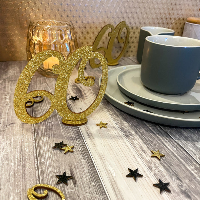 Konfetti Zahl 60 Geburtstag + Sterne aus Holz Streudeko Streuteile Deko 13g - gold schwarz