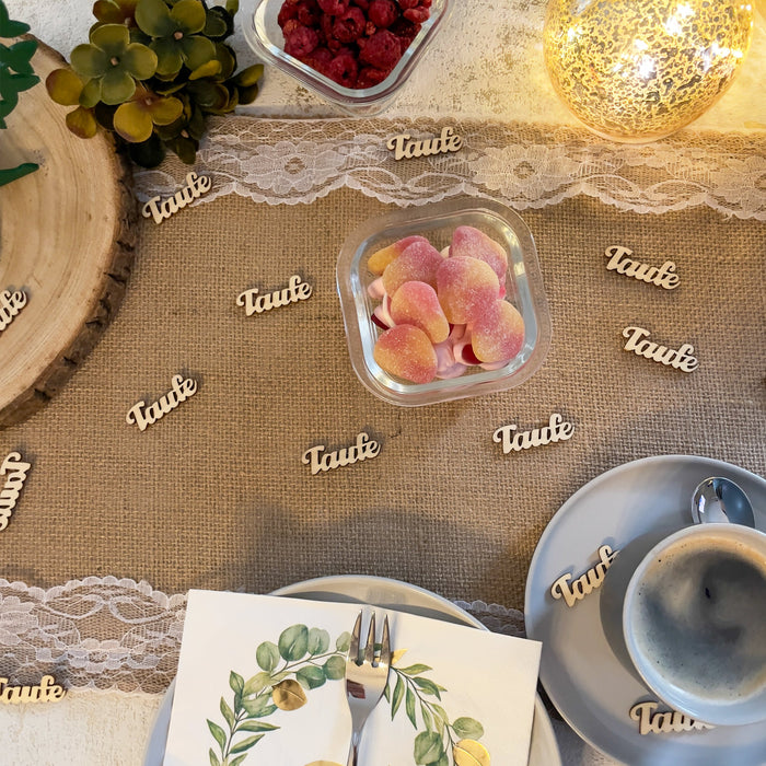 Holz Konfetti Set Taufe Schriftzug 18 Stk. Tischdeko für Taufe Traufe Hochzeit Deko Junge Mädchen Streudeko - natur