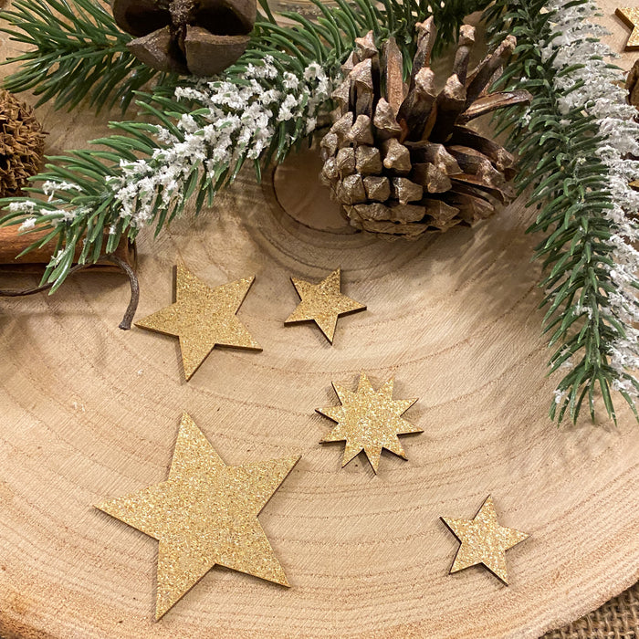 Holz Sterne Deko Set Holzdeko Weihnachtsdeko Tischdeko Streudeko für Weihnachten - gold