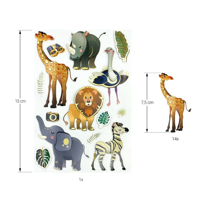 14 3D Sticker Tiere und Blätter Aufkleber Safari Zoo als Dekoration zum Basteln DIY Dekoration Scrapbooking