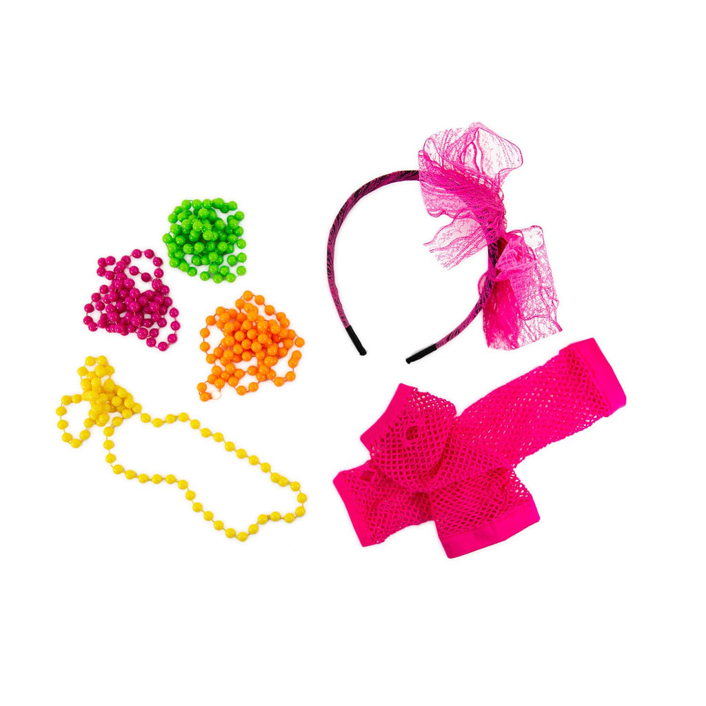 80er Jahre Neon Netzhandschuhe – Fingerlos, Lang, Regenbogen-Farben (1 Paar)
