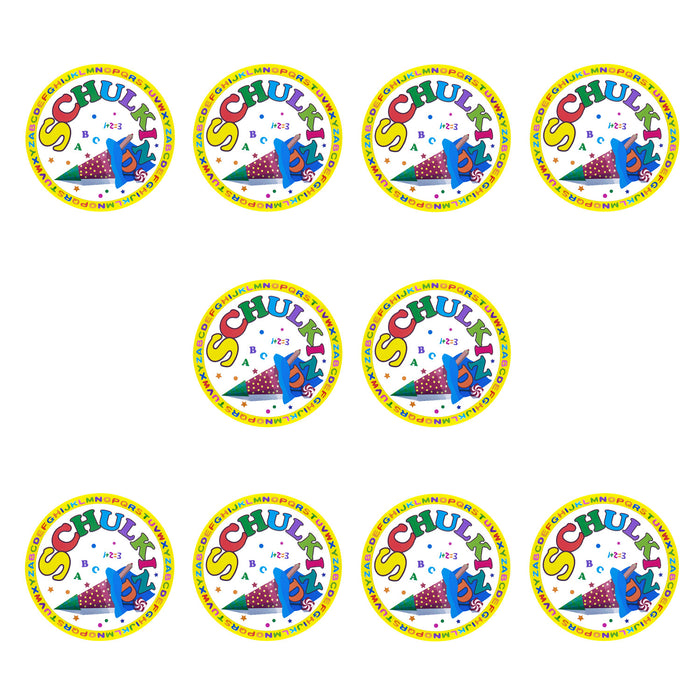 10x Buttons mit Schulkind Zahlen ABC Stift Zuckertüte Motiven Anstecker für Schuleinführung Einschulung - gelb