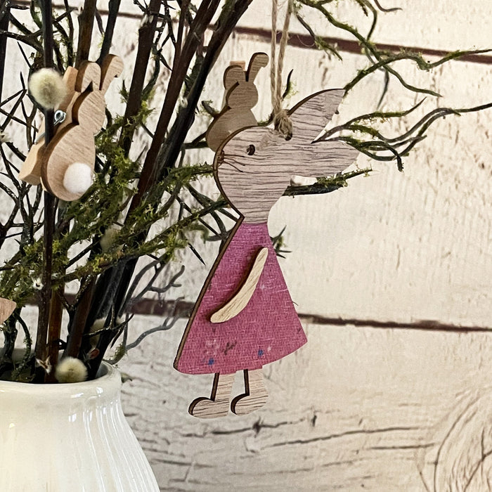 Holz Hase Mädchen im Kleid Anhänger Häschen Hängedeko für Osterstrauß Deko aus Echtholz für Ostern - pink