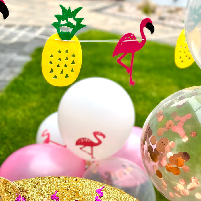 Sommer Party Deko Set - Flamingo Ananas Girlande + Flamingo Konfetti Luftballon Set + Flamingo Konfetti