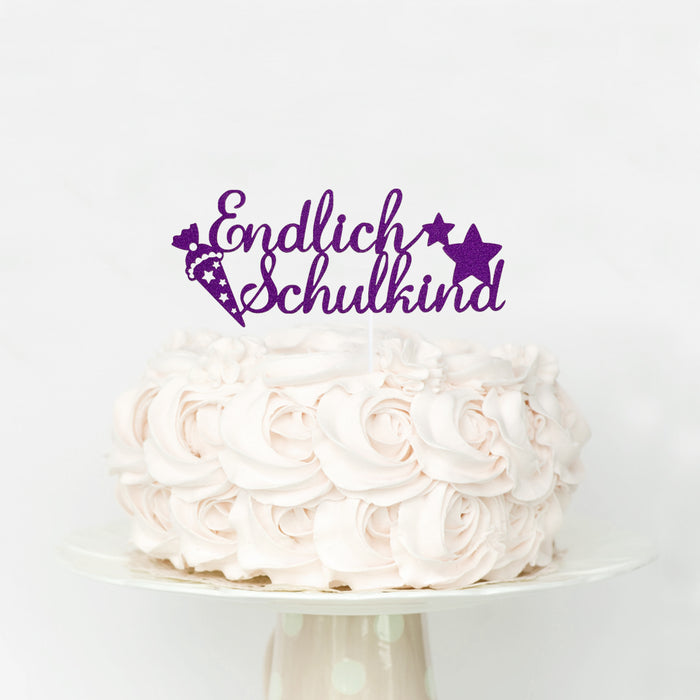 Endlich Schulkind Torten Topper Glitzernd lila für Schuleinführung Einschulung Schulanfang Mädchen Kuchendeckel