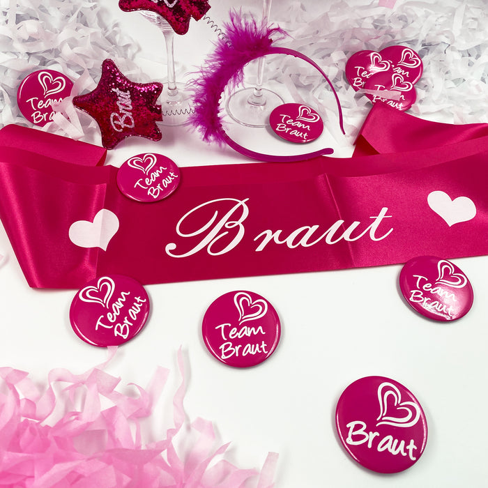 JGA Hochzeit Accessoire Set - Braut Schärpe + Braut Haarreif + Braut und Team Braut Buttons Pink