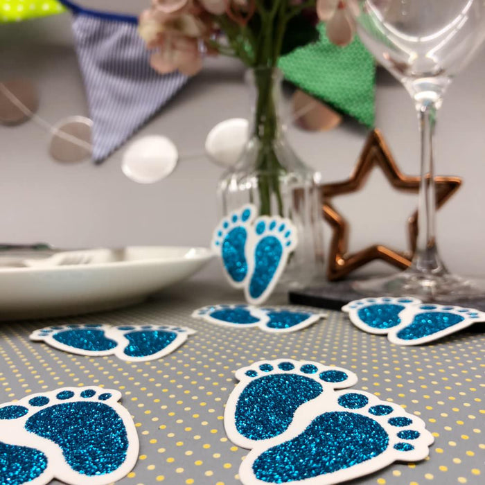 10 Konfetti Baby Füßchen für Junge Baby Shower Deko Geburt - blau