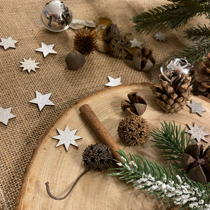 Holz Sterne Deko Set Holzdeko Weihnachtsdeko Tischdeko Streudeko für Weihnachten - silber