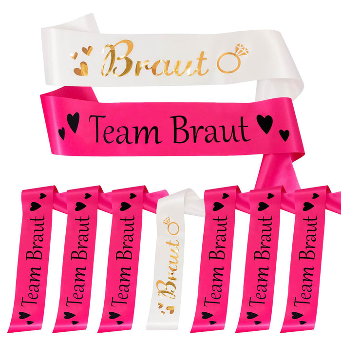 Schärpe Braut + Team Braut Schärpen Set JGA Junggesellinnenabschied Accessoires pink weiß